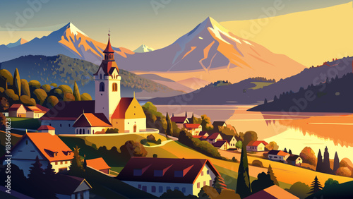 Very beautiful aerial panorama of Spiez Church and Castle at sunset, overlooking Lake Thun, with warm light illuminating historic landmarks and surrounding alpine scenery in Switzerland.