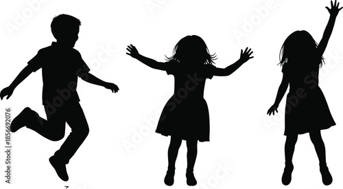 Happy jumping children silhouettes set, active kids playing and cheering vector illustration, childhood joy and freedom icons, little boy and girl character design