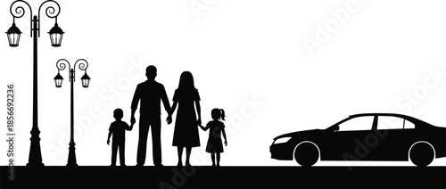 Happy family silhouette vector illustration with parents and children standing near sedan car and street lamps isolated on white background for lifestyle design,