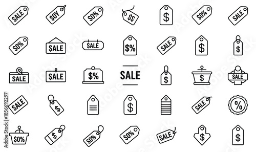 Collection of black and white sale tags and discount icons