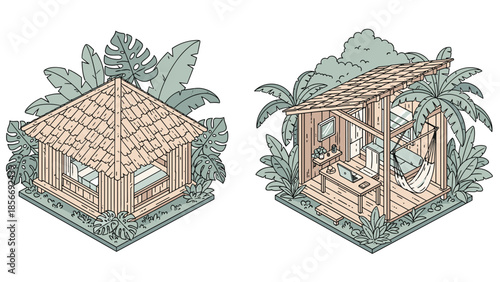 Tropical Hut and Open Air Cabin in Lush Jungle Setting, Generative AI.