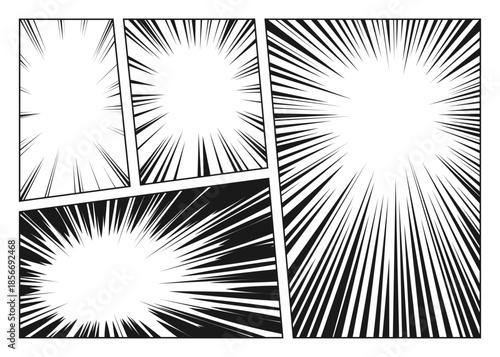 Manga speed lines radiate from center with dynamic comic book effect. Black and white halftone radial burst pattern with action rays for anime backgrounds, graphic novel pages and superhero scenes.
