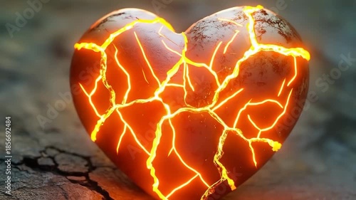 Mending a cracked heart with glowing gold veins in a mystical environment
