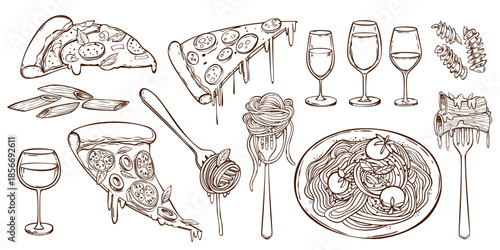 Italian pasta illustration with pizza slices and wine glasses. Hand drawn food doodle set with spaghetti on plates, penne pasta pieces and tomatoes. Line art mediterranean restaurant menu design icon