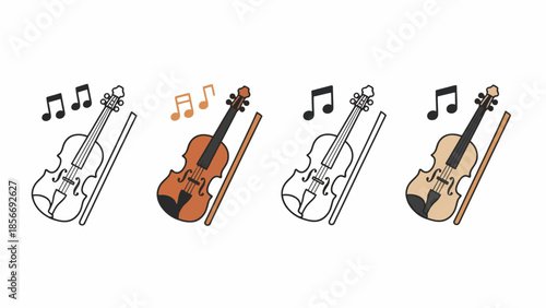 Collection of Four Violin Illustrations with Musical Notes, Showcasing Different Color Variations and Styles