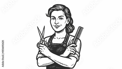 Illustration of a professional hairdresser or barber holding scissors and a comb, ready to style hair with expertise and care