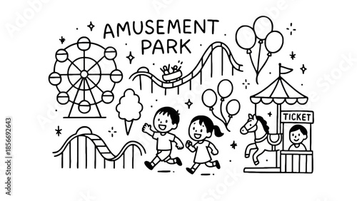 Whimsical black and white illustration of a vibrant amusement park with playful children enjoying rides and attractions