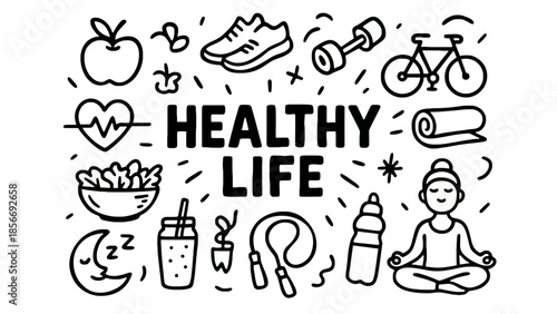 Illustrative Doodle Style Elements Representing a Healthy Lifestyle with Exercise and Nutrition Icons