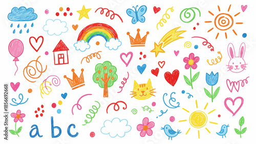 A whimsical collection of colorful children's drawings featuring a rainbow, sun, clouds, hearts, trees, animals, and letters, perfect for educational and creative projects