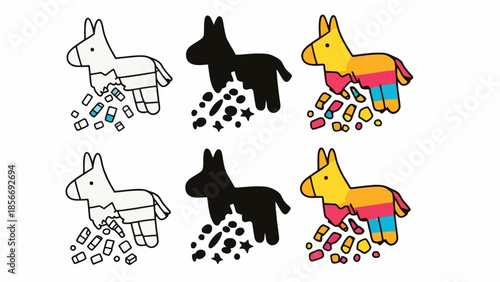 Colorful and black and white donkey piñata outlines with candy and confetti spilling out