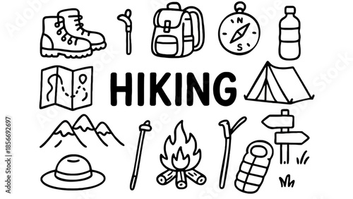 Hiking Gear and Equipment Illustration, Outdoor Adventure, Camping Tools, Nature Lifestyle, Top View, Simple Line Art Concept