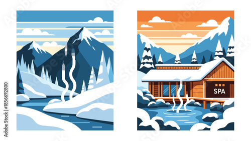 Winter mountain landscape with steaming river and spa house, Generative AI.