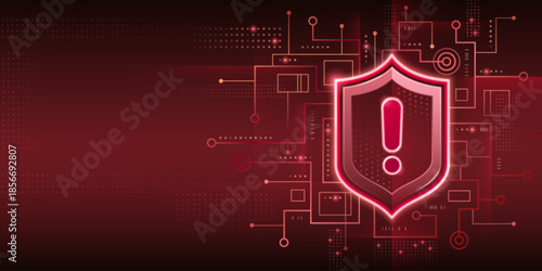 Cyber security alert with glowing red shield icon, exclamation mark and circuit board elements on dark backdrop. Digital threat concept - luminous protective shield symbol surrounded by tech patterns.