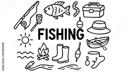 Fishing Equipment Illustration, Fishing Gear Icons, Outdoor Recreation, Line Art, Hobby Concept, Simple Design, Black and White