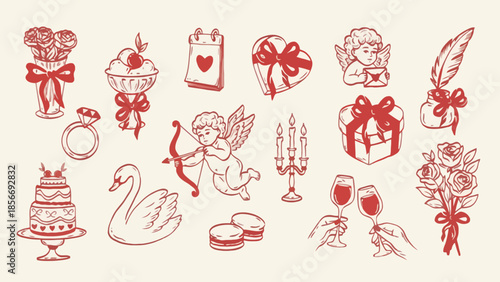 Valentine's Day Celebration, Love Symbols, Romantic Illustrations, Heartfelt Gifts, Soft Color Palette, Artistic Viewpoint