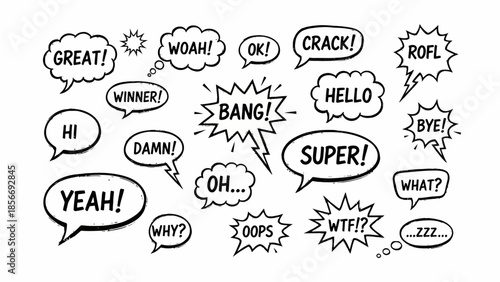 Comic Style Speech Bubbles with Expressions and Sound Effects Graphic Illustration White Background