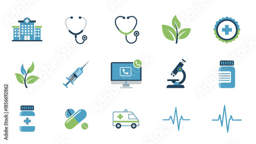 Illustrative Medical Healthcare Icons Featuring Diverse Hospital and Pharma Elements