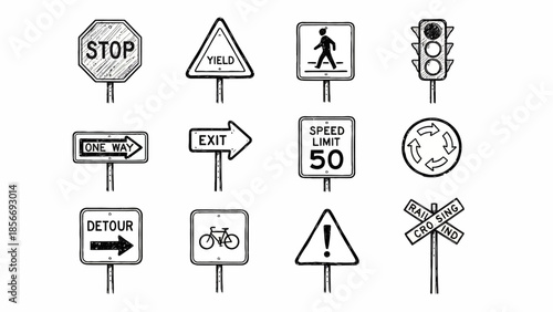 Hand-Drawn Traffic and Road Signs Illustrations Set with Stop, Yield, Speed Limit, Detour, and Pedestrian Icons
