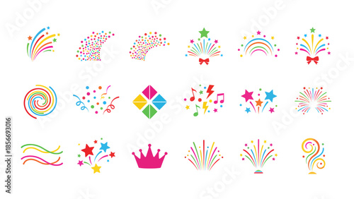 Colorful Hand-Drawn Celebration Icons Set Featuring Rainbows, Fireworks, Stars, Confetti, and Party Elements
