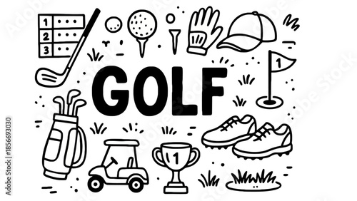 Hand-Drawn Golf Illustrations Set Featuring Golf Clubs, Balls, Shoes, Cart, Trophy, and Other Sports Equipment