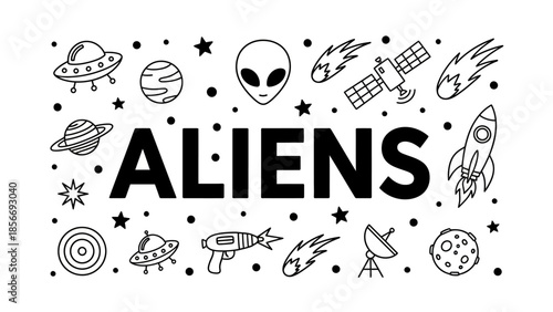 Hand-Drawn Alien and Space Illustrations with UFOs, Planets, Rockets, and Stars for Sci-Fi and Space Themes