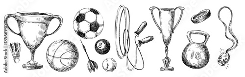 Sport equipment doodle set with vintage hand drawn icons. Trophy cup with soccer ball, kettlebell and jump rope with athletic gear sketched in retro line art style on white bg for fitness design.