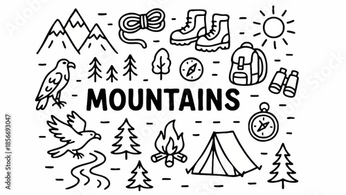 Hand-Drawn Mountain Adventure Illustrations with Hiking Boots, Tent, Compass, Trees, and Wildlife