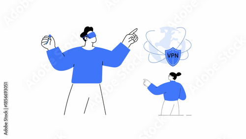 Illustration of Two Characters Using VPN with Global Network and Security Shield Concept