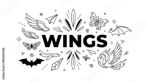 Hand-Drawn Wings Illustrations Set Featuring Butterflies, Birds, Bats, Airplanes, and Crystal Wings