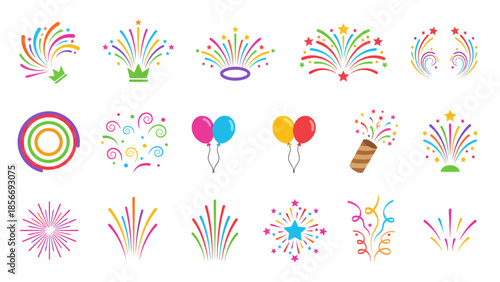 Colorful Hand-Drawn Fireworks, Balloons, and Celebration Icons Set for Party and Event Designs