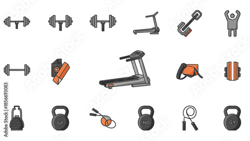 Collection of diverse fitness equipment icons for dynamic gym workouts and active lifestyle