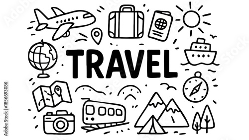 Hand-Drawn Travel and Adventure Icons Set Featuring Airplane, Suitcase, Passport, Globe, Compass, Mountains, and Camera Illustrations