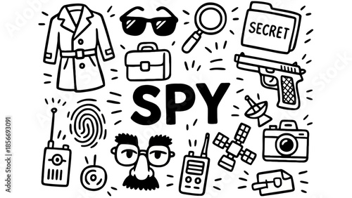 Hand-Drawn Spy and Detective Doodles with Magnifying Glass, Gun, Secret Files, and More