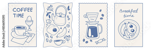 Breakfast poster set with vintage chalk style illustrations. Coffee time cards with cups and eggs, teapot and brunch items with borders drawn in blue line art for cafe menu design on beige background.