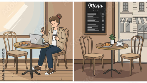 Young woman working on laptop in a cozy cafe enjoying a coffee and pastry, Generative AI.