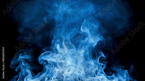 Blue flame plume showing pure fire turbulence and realistic heat textures, isolated on black background, cinematic 4k.