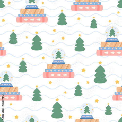 Winter seamless pattern with books, christmas trees and snow globe. Christmas bookish background, Book lover print, Cozy reading, Pastel bookstore vector illustration.