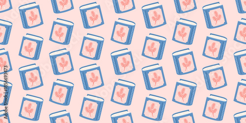 Winter books seamless repeat pattern. Christmas bookish background, Book lover print, Cozy reading, Pastel holiday bookstore graphic.