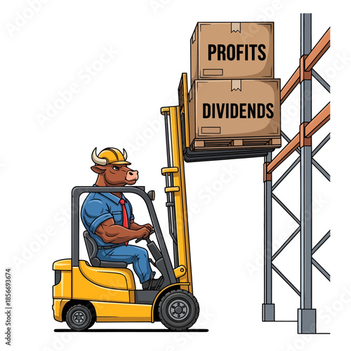Bull Character Operating Forklift Lifting Profit and Dividend Boxes Vector