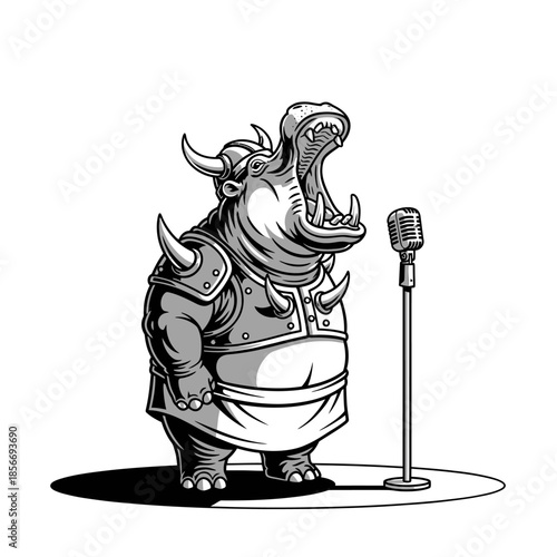 Singing Hippo Opera Singer Vector Mascot with Microphone and Viking Costume
