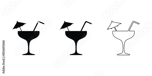 Minimal cocktail glass set with straw and umbrella, Black and outline drink symbols