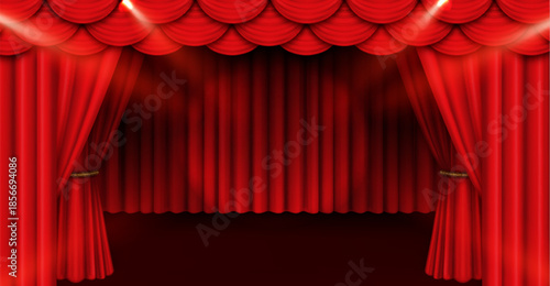 Red stage curtain with dramatic spotlight beams illuminating velvet drapes. Theater backdrop with crimson curtains pulled open with glowing light effects for Broadway show or opera performance scene.
