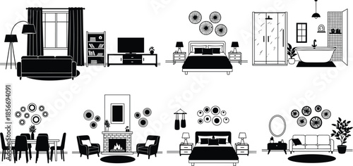 Home interior furniture silhouettes vector illustration set, black and white room designs including living room, bedroom, bathroom, dining area, and cozy 