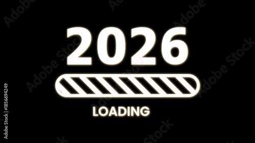 2026 Loading Overlay with Glowing Striped Progress Bar, Text at Bottom, Neon Style on Transparent Background