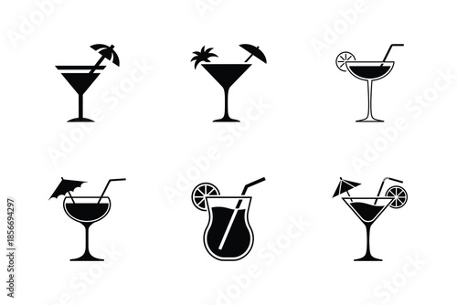 Black tropical cocktails and martini glasses silhouette set