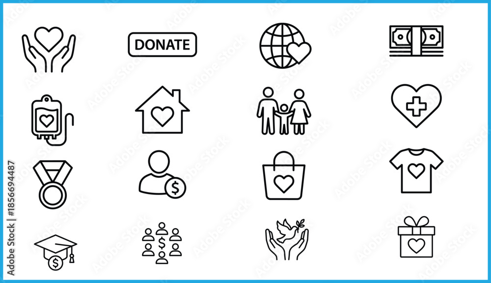 Fototapeta premium Set of 16 black line icons for charity, donation, and social support themes, ideal for vector illustration content
