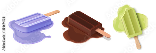 Melting ice cream popsicle with chocolate, pistachio or fruity flavor on white. 3d realistic illustration of wooden stick and dripping puddle. Summer frozen dessert with fallen treat, liquid splash
