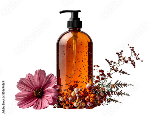 Amber bottle of liquid soap with pink daisy and dried flowers.