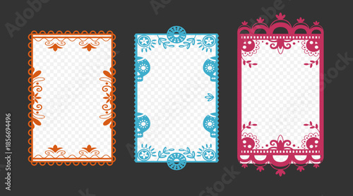 Colorful Mexican frames collection. Vector illustration of traditional floral borders on pink, blue, orange background, Hispanic art banners with bright flower skull ornament, holiday poster design