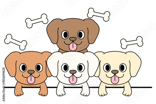 Four Cute Cartoon Dogs with Bone Illustration